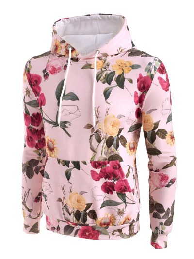 Flower Pattern Front Pocket Hoodie