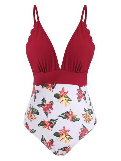 Flower Print Scalloped Backless One-piece Swimsuit