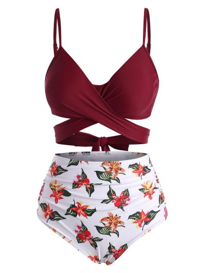 Flower Printed Criss Cross Tummy Control Bikini Swimwear