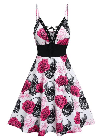 Flowers Skulls Print Spaghetti Strap Lace-up Dress