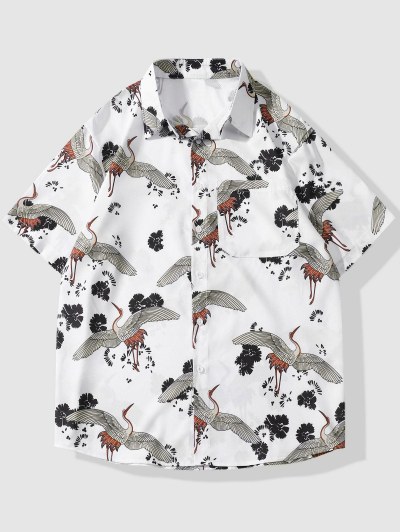 Flying Cranes Leaf Print Short Sleeve Shirt