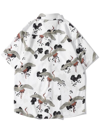 Flying Cranes Leaf Print Short Sleeve Shirt