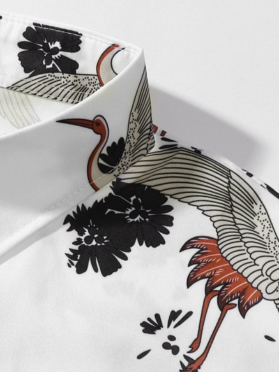 Flying Cranes Leaf Print Short Sleeve Shirt