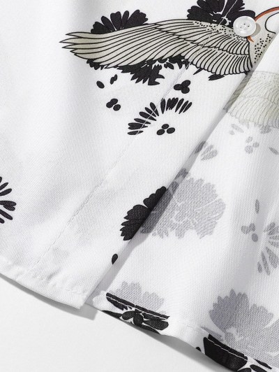 Flying Cranes Leaf Print Short Sleeve Shirt
