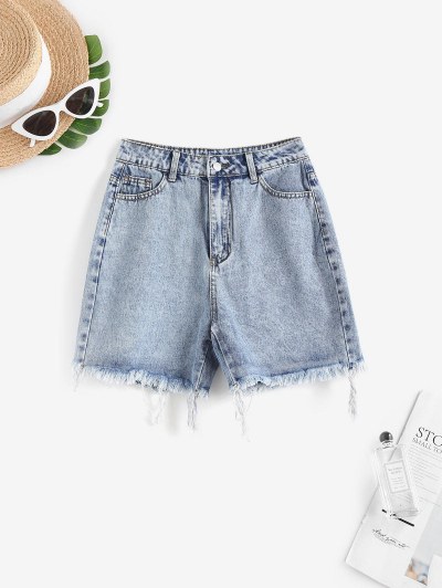 Frayed Hem Faded Long Denim Shorts