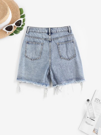 Frayed Hem Faded Long Denim Shorts