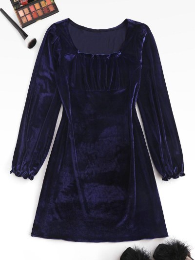 Frilled Velvet Ruched Long Sleeve Dress