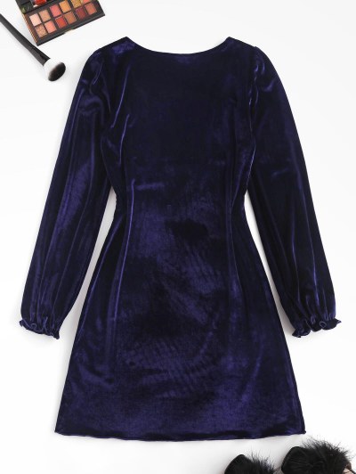 Frilled Velvet Ruched Long Sleeve Dress