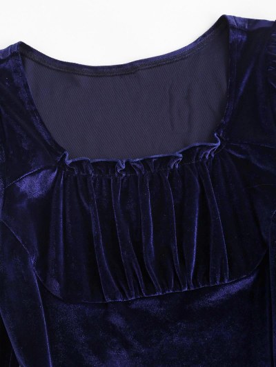 Frilled Velvet Ruched Long Sleeve Dress