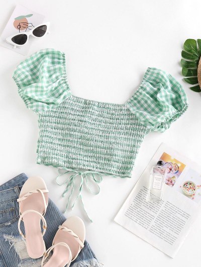 Gingham Tie Smocked Puff Sleeve Blouse