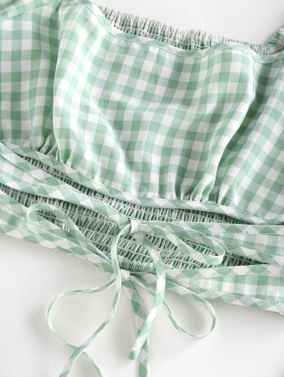 Gingham Tie Smocked Puff Sleeve Blouse