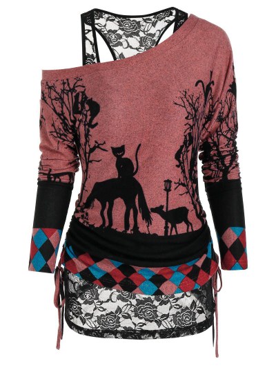 Halloween Cat Print Cinched T-shirt And Flower Lace Tank Top