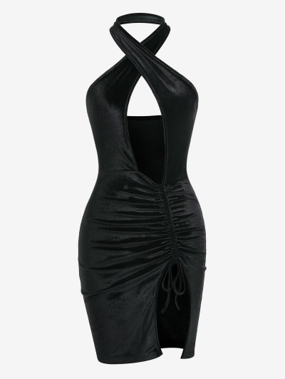 Halter Cut Out Cinched Slit Slinky Dress