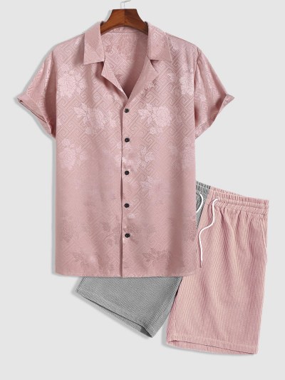 Jacquard Silky Lapel Shirt With Two Tone Corduroy Shorts Two Piece Set