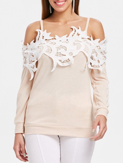 Lace Trim Open Shoulder Long Sleeve T-shirt