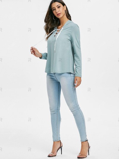 Lace Up Solid Color Hoodie