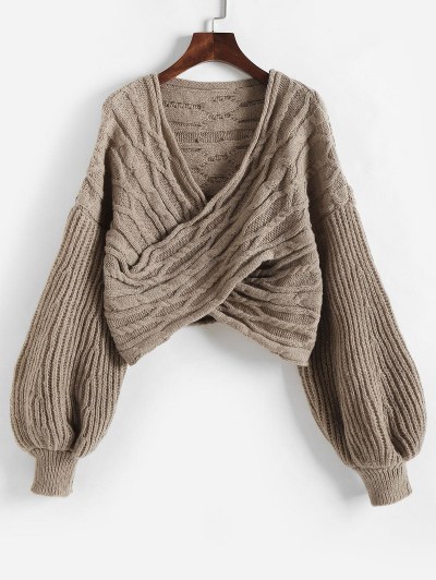 Lantern Sleeve Cable Knit Criss Cross Sweater