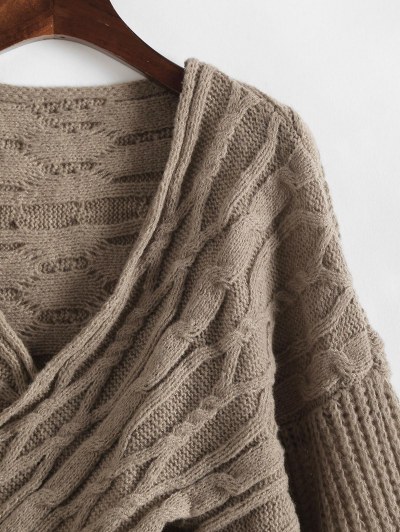 Lantern Sleeve Cable Knit Criss Cross Sweater