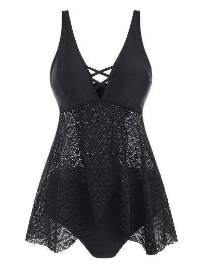 Lattice Tulip-front Lace Panel Tankini Swimwear