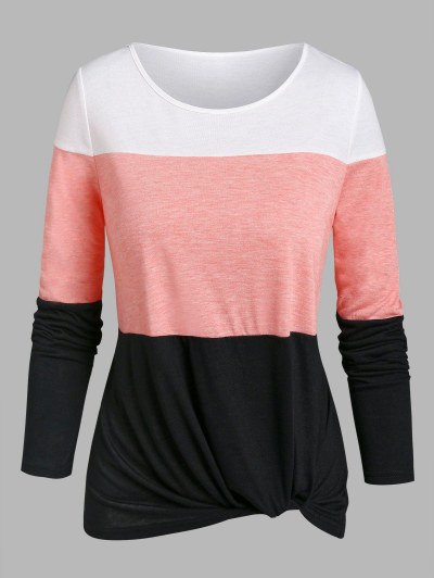 Long Sleeve Twist Front Contrast T-shirt