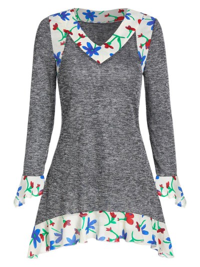 Marled Flower Print Ruffle Cuff Long Sleeve Tee