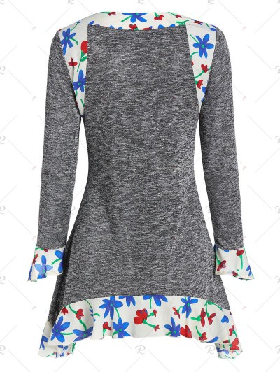 Marled Flower Print Ruffle Cuff Long Sleeve Tee