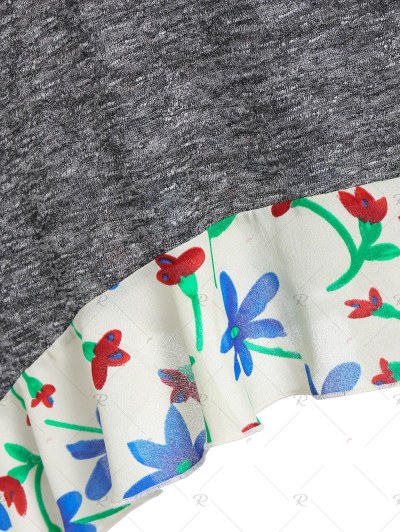 Marled Flower Print Ruffle Cuff Long Sleeve Tee