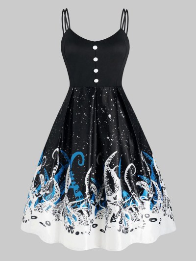 Octopus Print Mock Button Dual Straps Dress