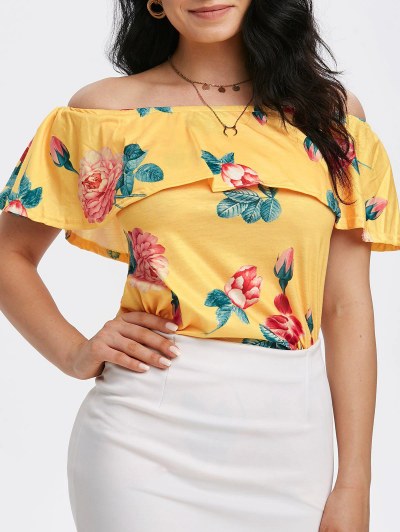 Off Shoulder Floral Overlay Flounces Top