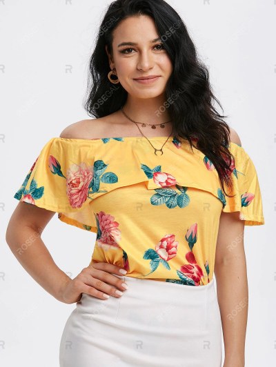 Off Shoulder Floral Overlay Flounces Top