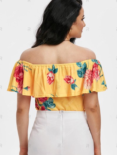 Off Shoulder Floral Overlay Flounces Top