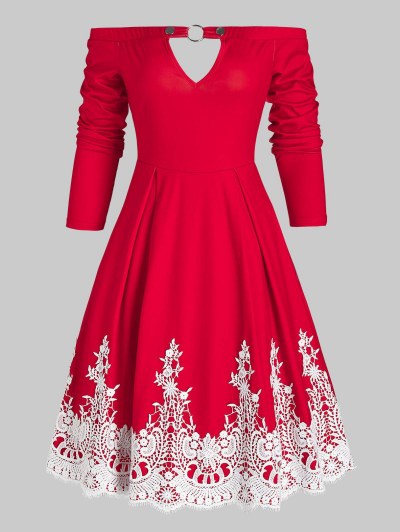 Off The Shoulder Keyhole Lace Insert Dress