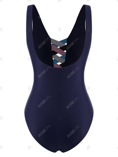 Open Back Colorblock Criss Cross One-piece Swimsuit