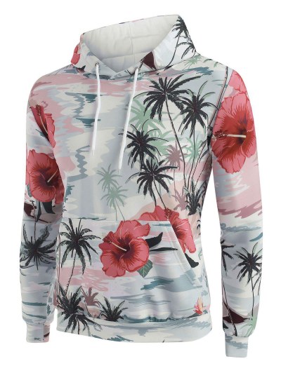 Palm Tree Flower Print Front Pocket Hoodie
