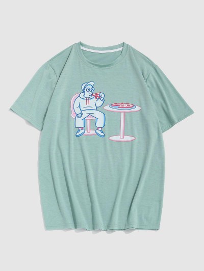 People Table And Pizza Print Round Neck T-shirt