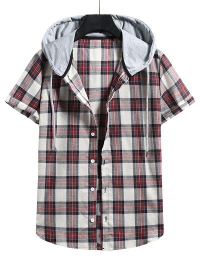 Plaid Colorblock Hood Short Sleeve Shirt