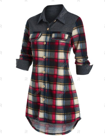 Plaid Flap Detail High Low Shirt