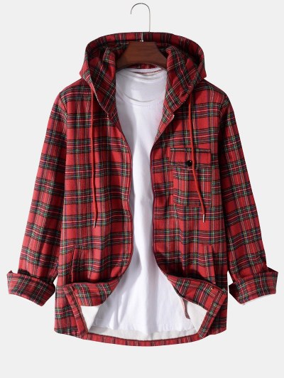 Plaid Pattern Pocket Fleece Hooded Jacket