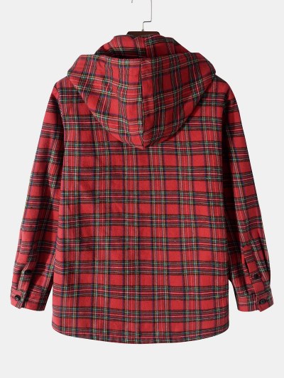 Plaid Pattern Pocket Fleece Hooded Jacket