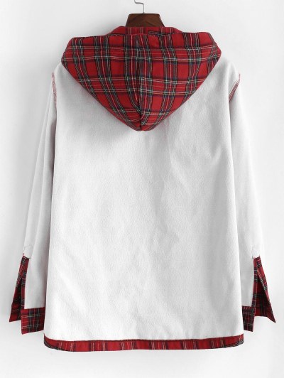 Plaid Pattern Pocket Fleece Hooded Jacket