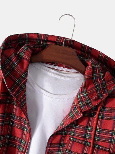 Plaid Pattern Pocket Fleece Hooded Jacket