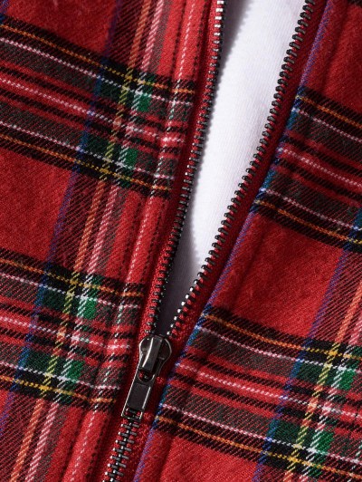 Plaid Pattern Pocket Fleece Hooded Jacket