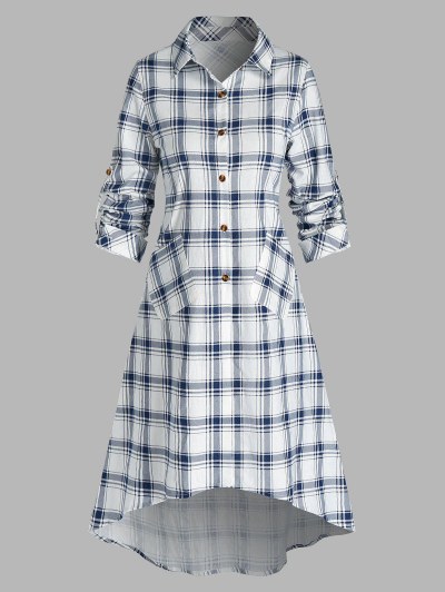 Plaid Print Double Pockets Long Shirt