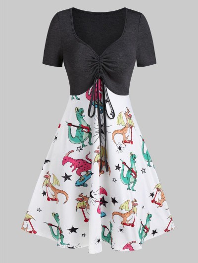 Plunging Neck Dinosaur Print Drawstring Mini A Line Dress