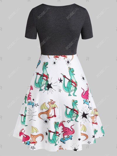 Plunging Neck Dinosaur Print Drawstring Mini A Line Dress