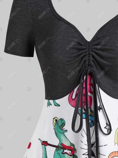 Plunging Neck Dinosaur Print Drawstring Mini A Line Dress