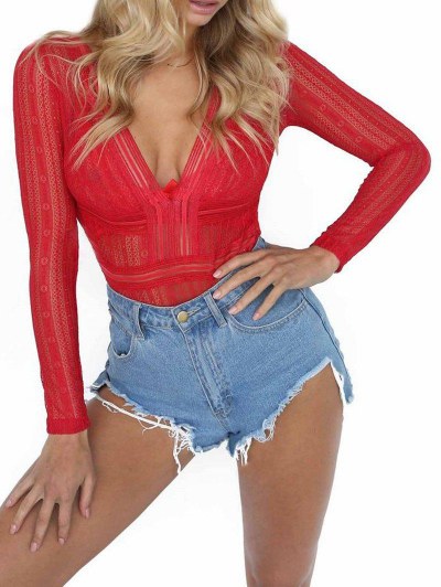 Plunging Neck See Through Lace Romper
