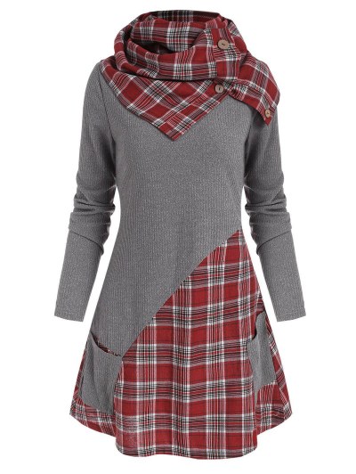 Pocket Plaid Insert Knitwear With Button Scarf