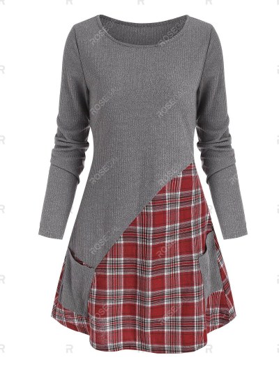 Pocket Plaid Insert Knitwear With Button Scarf