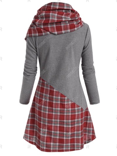 Pocket Plaid Insert Knitwear With Button Scarf